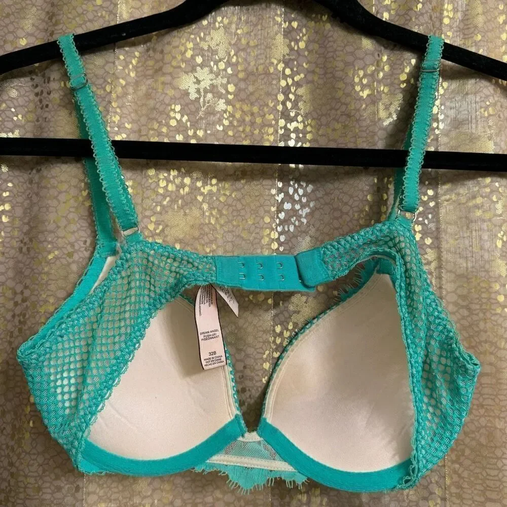 Victorias Secret Teal Lace Rhinestone Dream Angels‎ Push Up Bra 32B